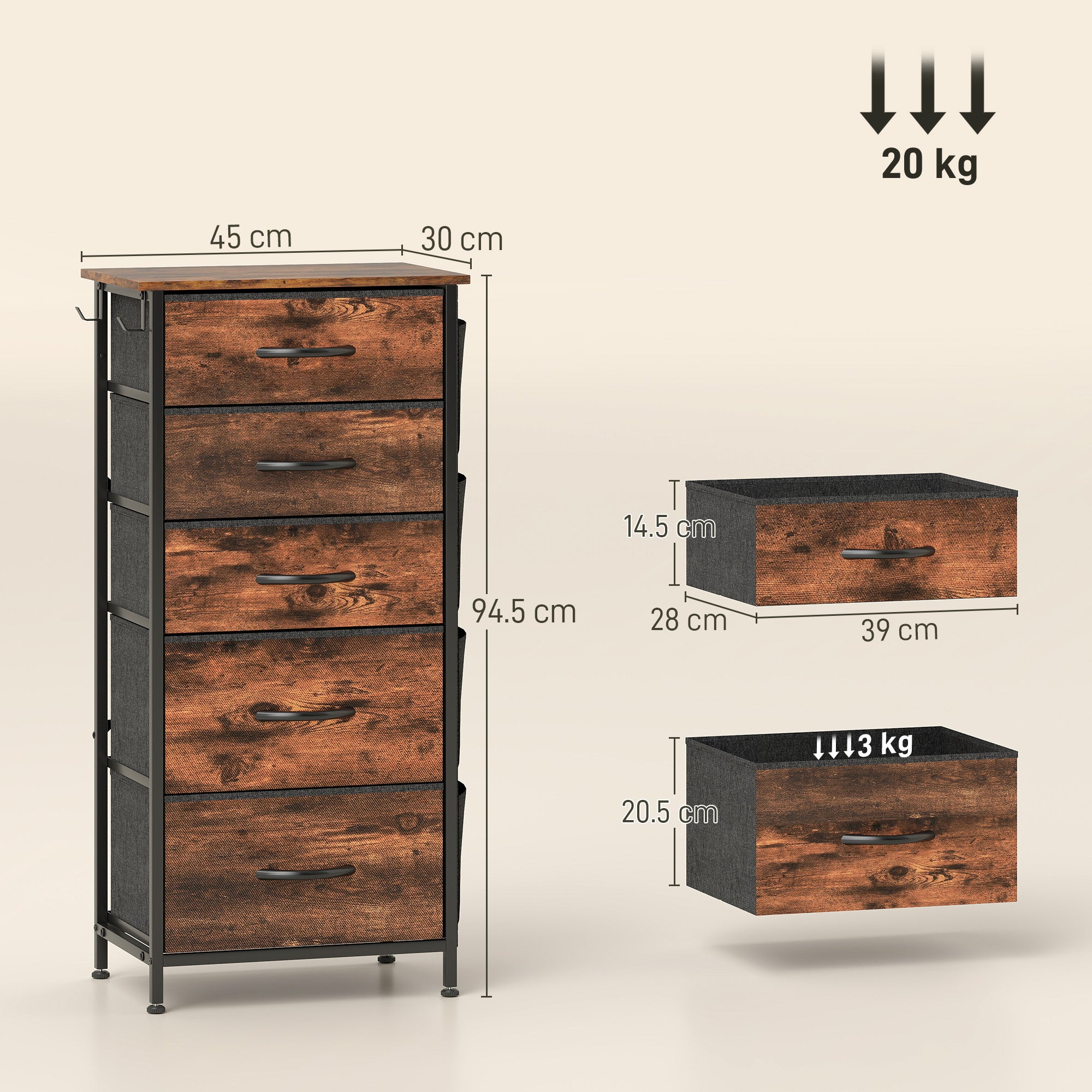 Chest of Five Fabric Drawers - Rustic Brown