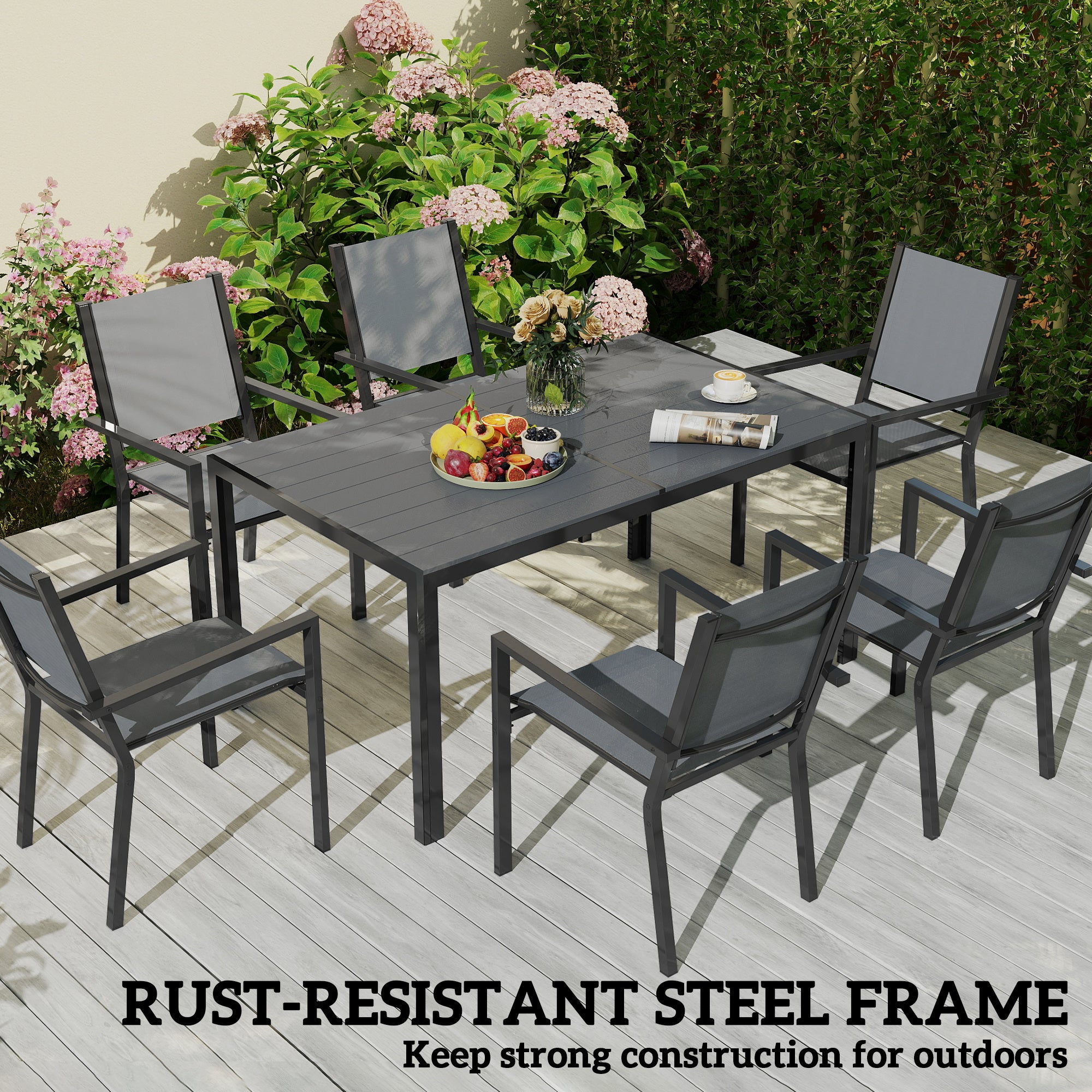 7 Piece Garden Dining Set, Outdoor Furniture Set with 6 Stackable Chairs and 150 cm Rectangle Table, WPC Slatted Top, Rust-Resistant Steel Frame, for Garden, Porch, Terrace