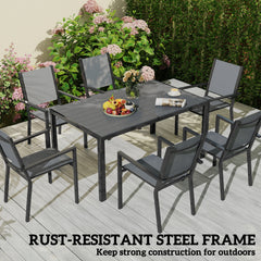 7 Piece Garden Dining Set, Outdoor Furniture Set with 6 Stackable Chairs and 150 cm Rectangle Table, WPC Slatted Top, Rust-Resistant Steel Frame, for Garden, Porch, Terrace