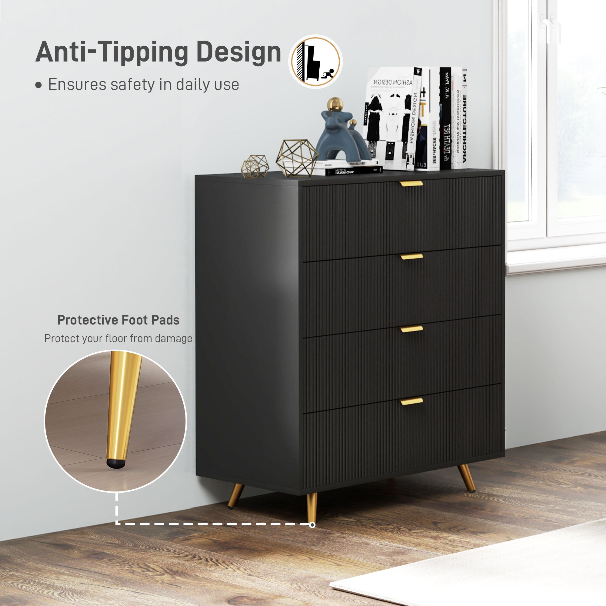 Elegant Four-Drawer Bedside Table - Black
