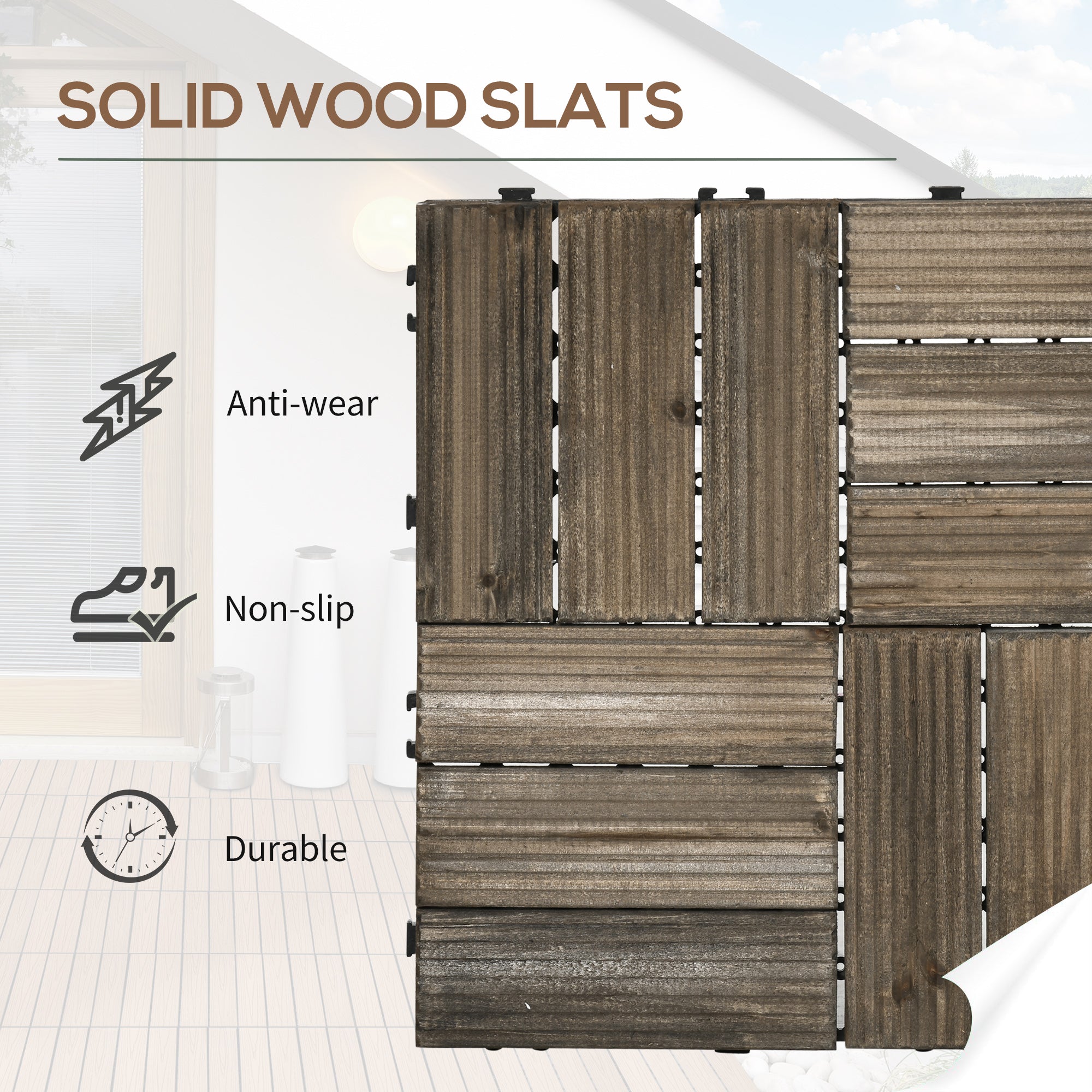 27 Pcs Wooden Interlocking Decking Tiles, Outdoor Flooring Tiles for Patio, Balcony, Terrace, Hot Tub, 30 x 30 cm per Piece, 2.5㎡ per Pack, Charcoal Grey