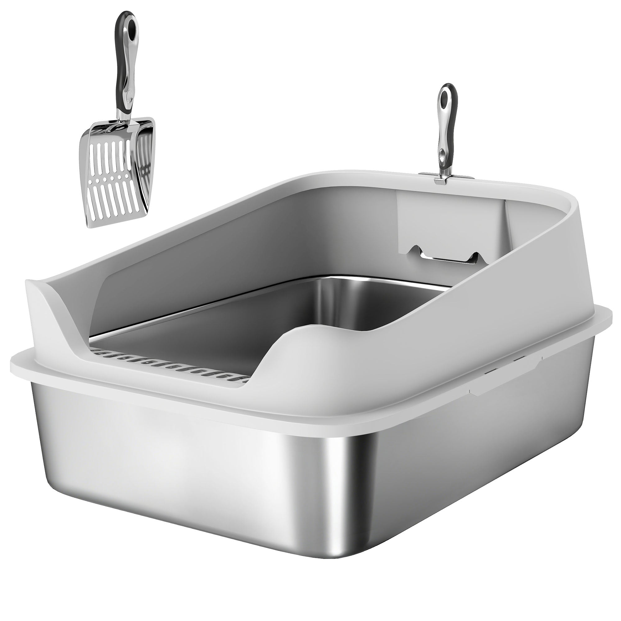 XXL Stainless Steel Cat Litter Box with High Sides, Metal Scoop, 70 x 50 x 30 cm