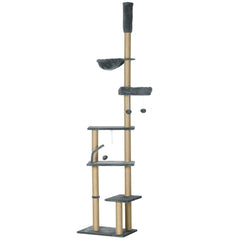 Floor to Ceiling Cat Tree for Indoor Cats, 6-Tier Play Tower Climbing Activity Center with Scratching Post, Platforms, Bed, Hammock, Adjustable Height 230-250cm, Grey