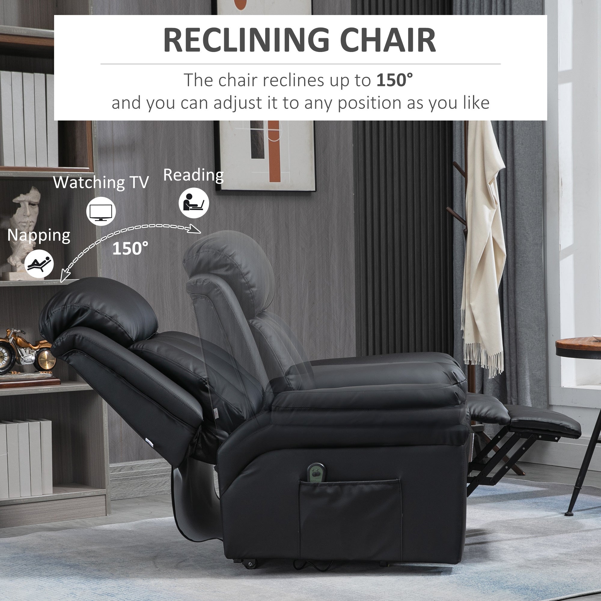 Fynco - Power Lift Chair Recliner for Elderly, Electric Recliner Chair, Overstuffed Faux Leather Riser and Reclining Armchair with Remote Control, Side Pockets, for Living Room, Black