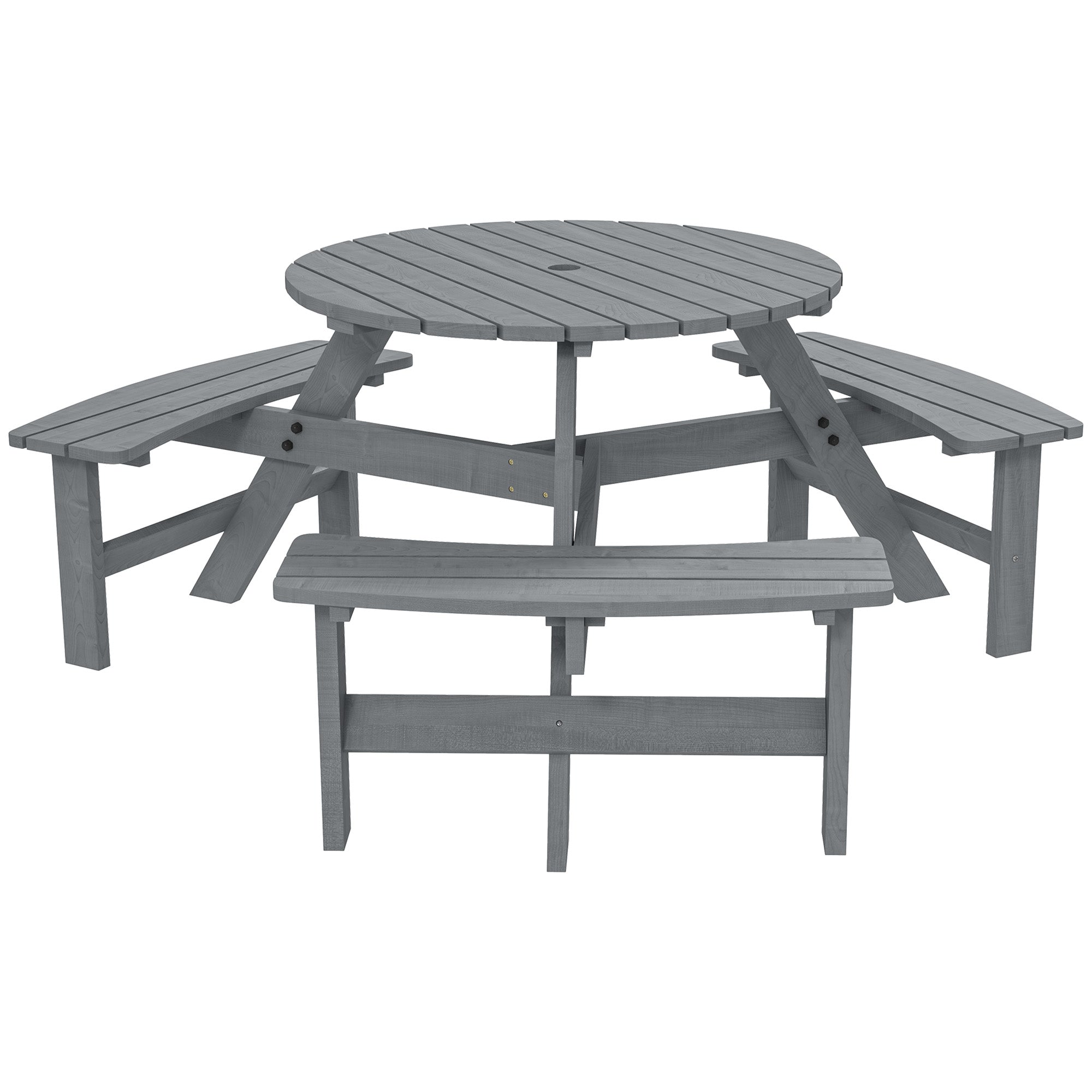 6 Seater Wooden Picnic Table and Garden Benches Set, Round Garden Dining Set with 3 Benches and Umbrella Hole Outdoor Garden Park, Grey