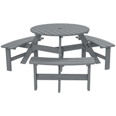 6 Seater Wooden Picnic Table and Garden Benches Set, Round Garden Dining Set with 3 Benches and Umbrella Hole Outdoor Garden Park, Grey