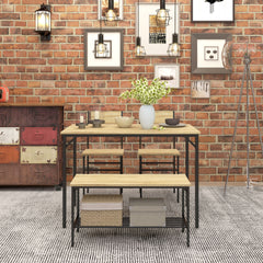 Square Dining Set for 4 Persons, Table, Chairs and Bench Included, Natural Wood Effect