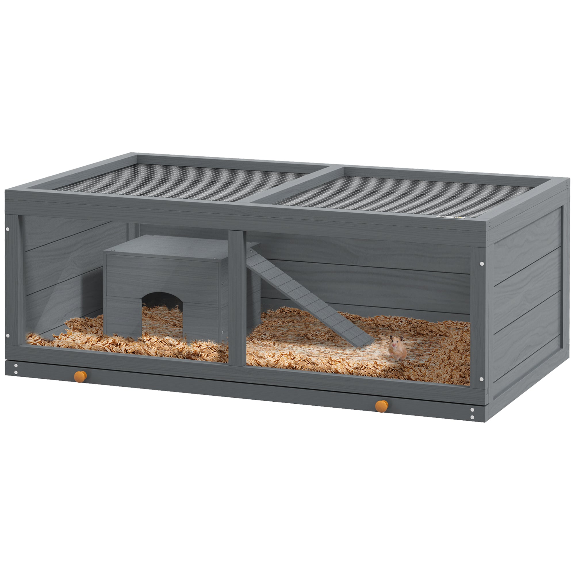 Wooden Hamster Cage with Sliding Tray, Openable Top, Hut for Syrian Hamster, Grey