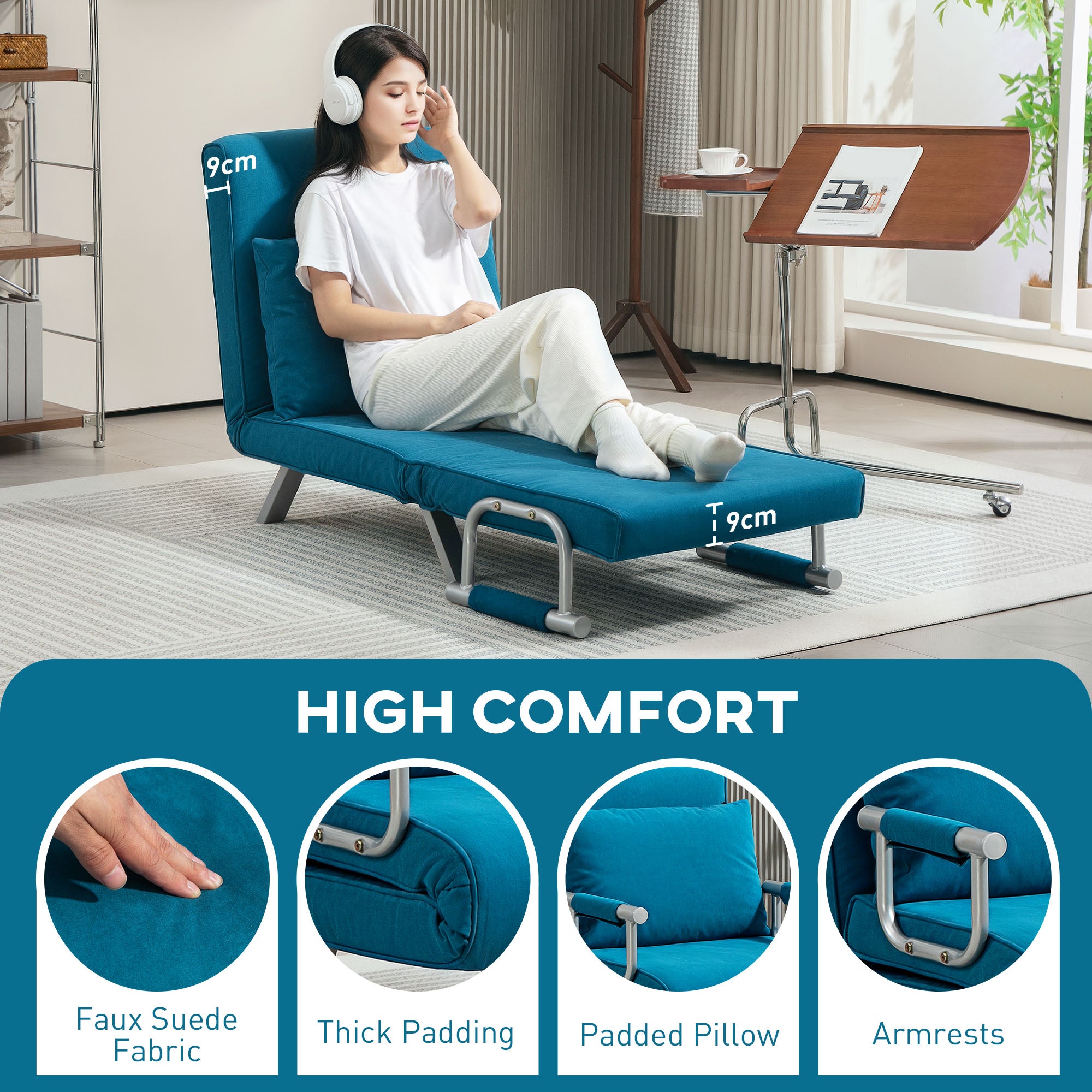 4-in-1 Faux Suede Chair Bed - Blue