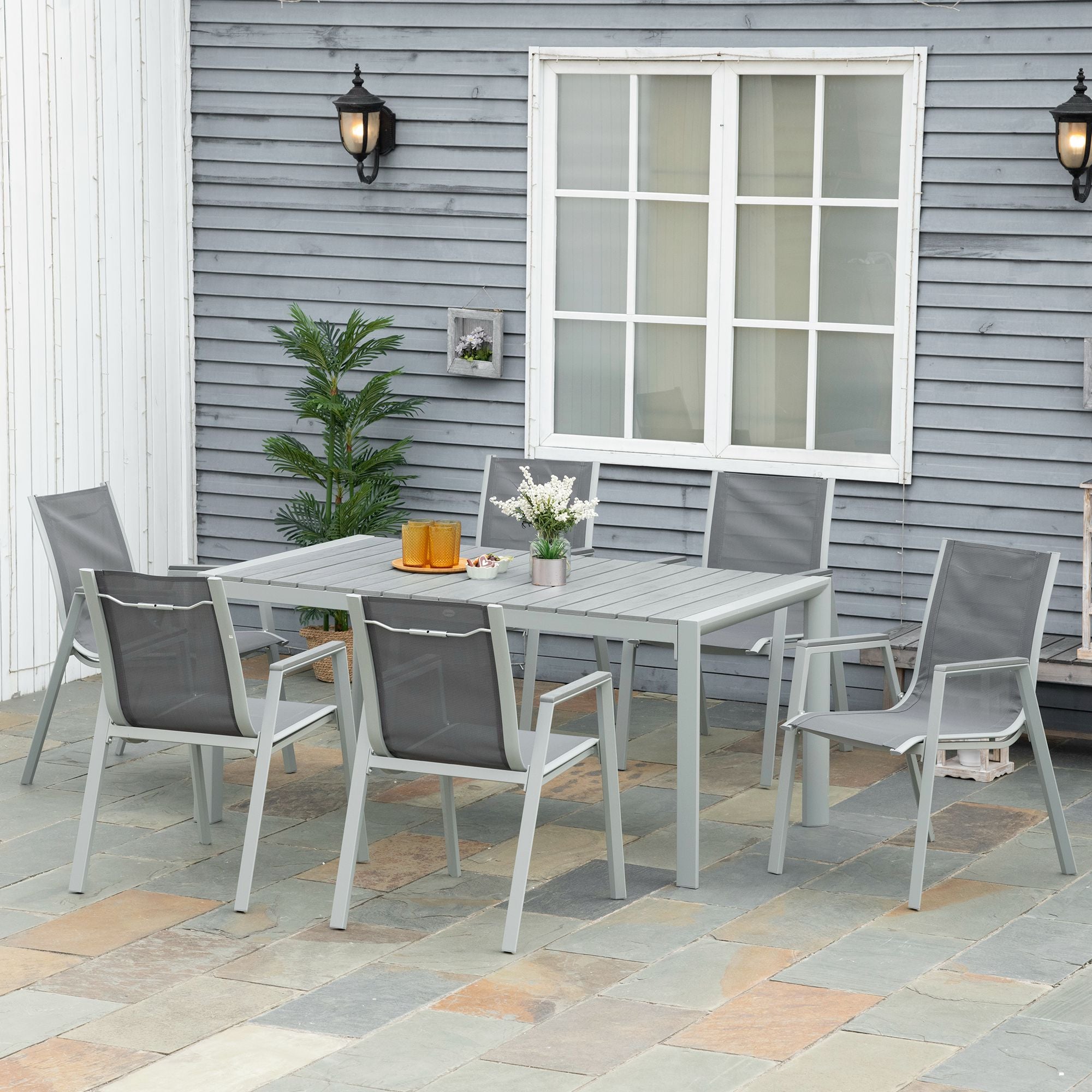 7 Pieces Garden Dining Set, Outdoor Table and 6 Armchairs, Aluminium Frame, Slatted Wood Grain Plastic Top Table, Breathable Mesh Fabric Seats and Backrest, Light Grey