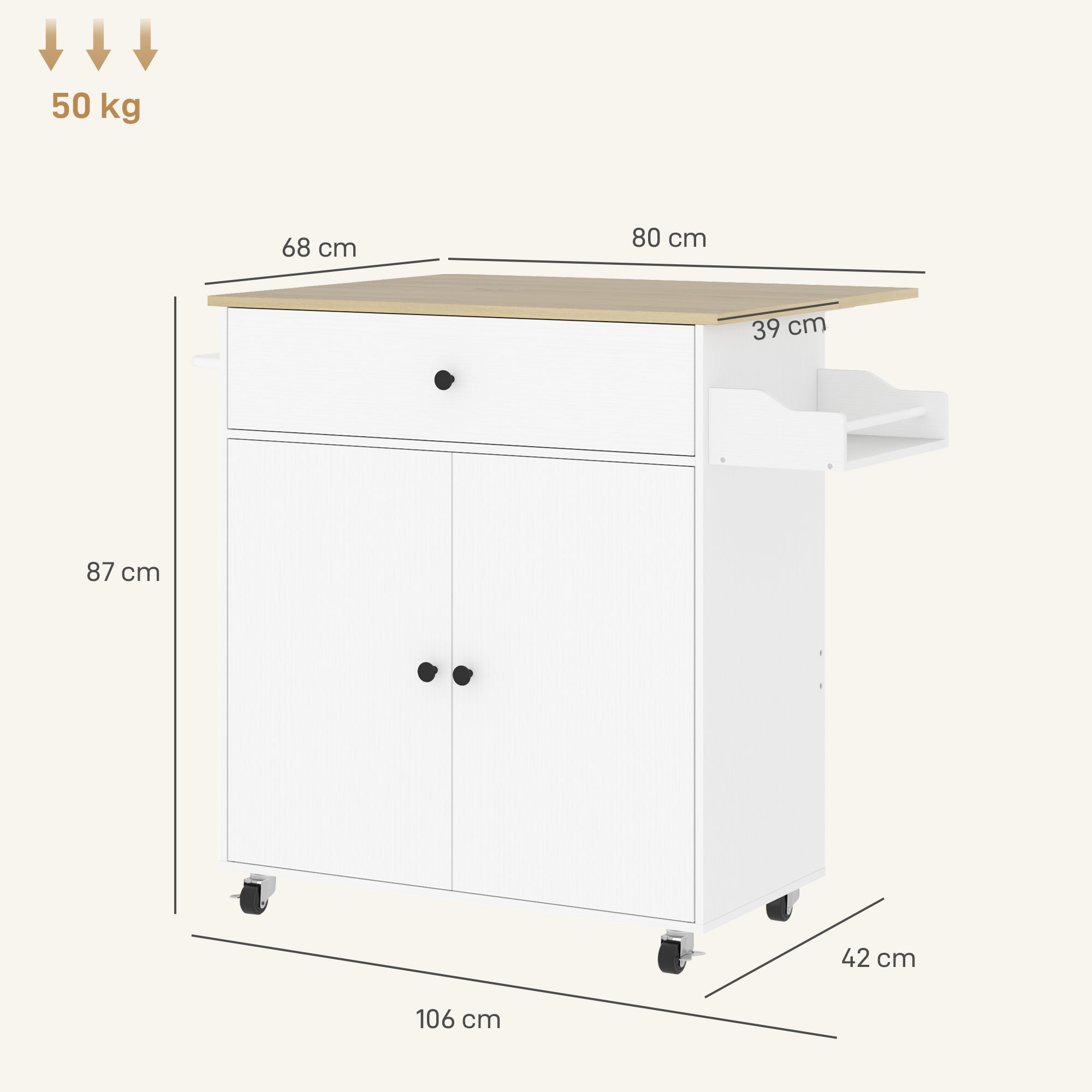 Fynco - Rolling Kitchen Island with Drop Leaf, Kitchen Storage Cart with Drawer, Spice Rack and Towel Rack, White