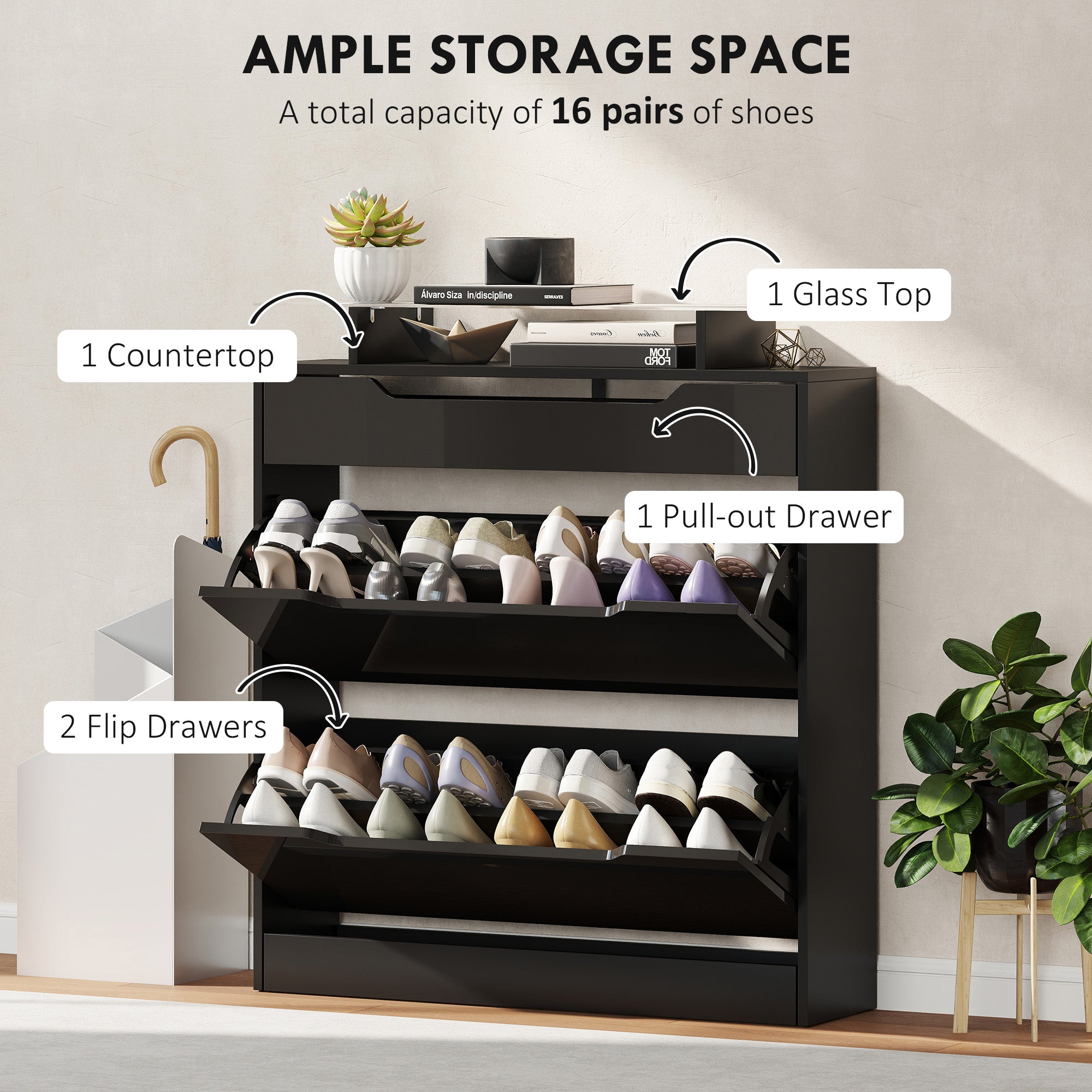 Fynco - Shoe Storage Cabinet with Slide Out Drawer, 2 Flip Doors, Tempered Glass Top - Black