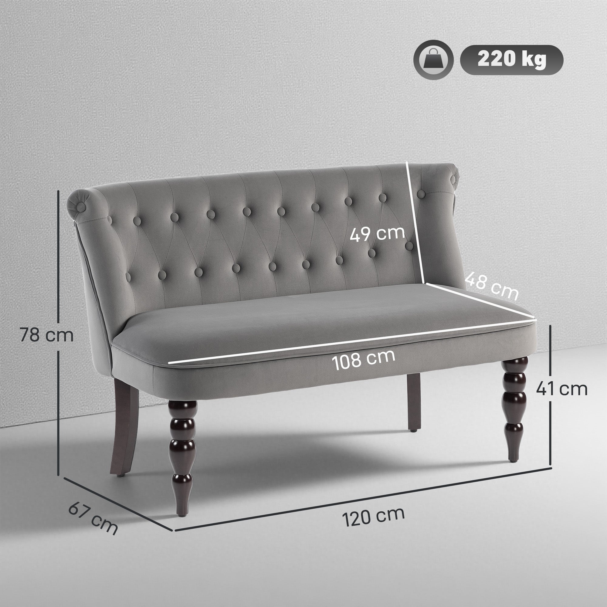 Fynco - Velvet 2 Seater Sofa, Button Tufted Wingback Loveseat with Rubber Wood Legs for Living Room, Bedroom, Charcoal Grey