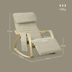 Rocking Lounge Chair Recliner Relaxation Lounging Relaxing Seat with Adjustable Footrest, Side Pocket and Pillow, Khaki