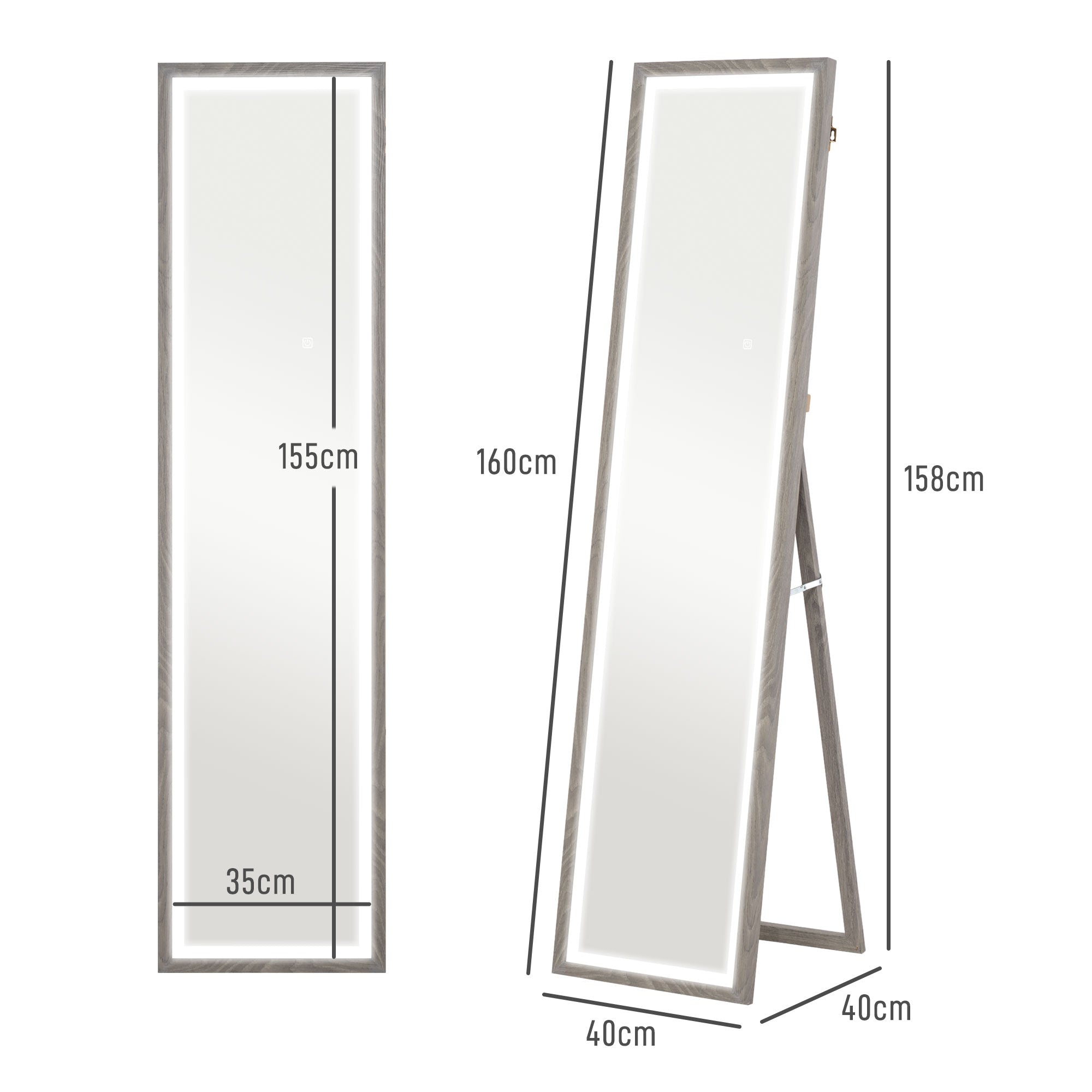 Full Length Mirror, with Adjustable Outer Light, Grey