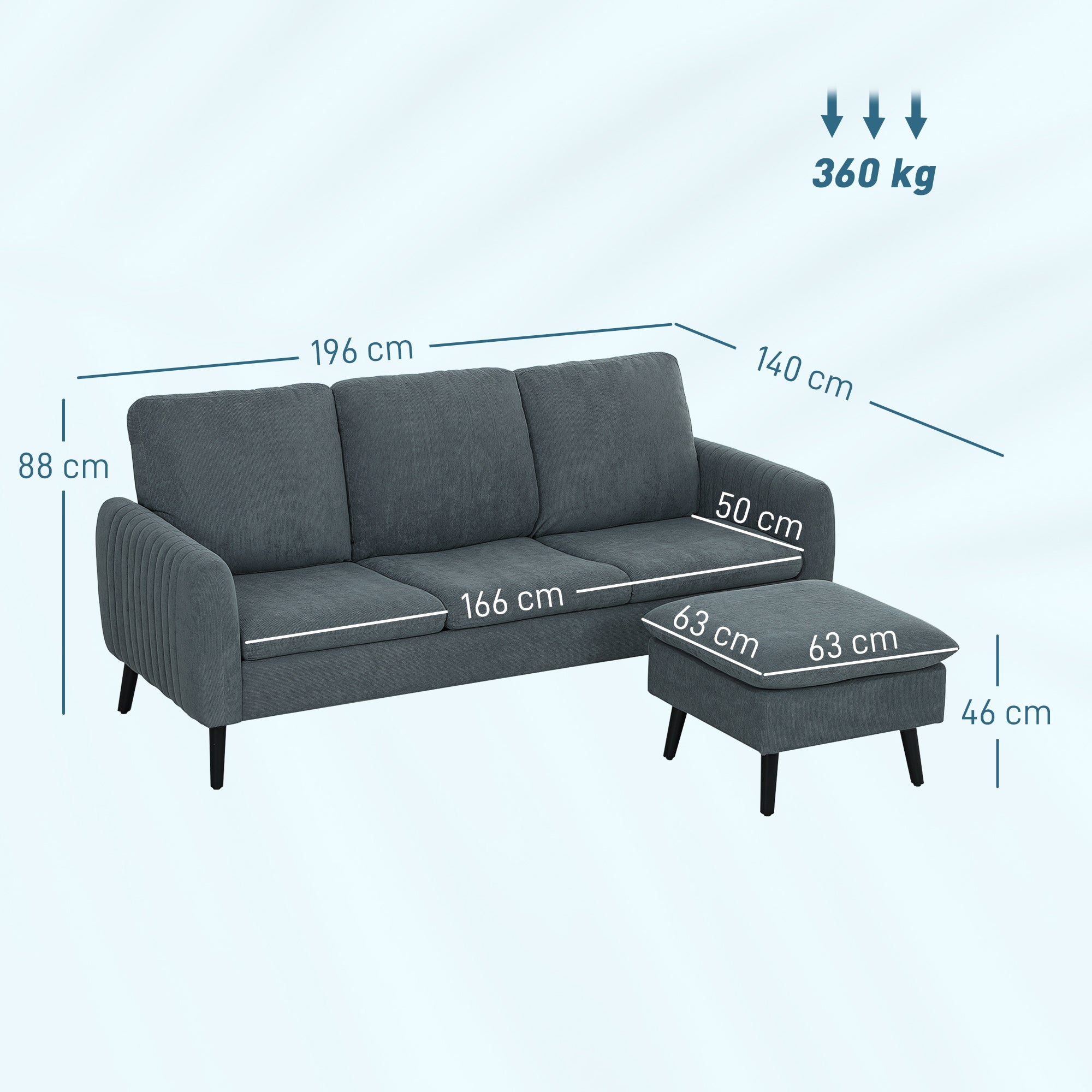 3 Seater Sofa with Ottoman, 196cm Corduroy L-shaped Sofa Couch with Scatter Back, Reversible Chaise Lounge for Living Room, Home Office, Small Spaces, Charcoal Grey