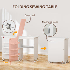 Fynco - Folding Sewing Table, Drop Leaf Craft Table with Storage Bins, Open Shelf and Wheels, Rolling Sewing Machine Cabinet Computer Desk for Small Space, White