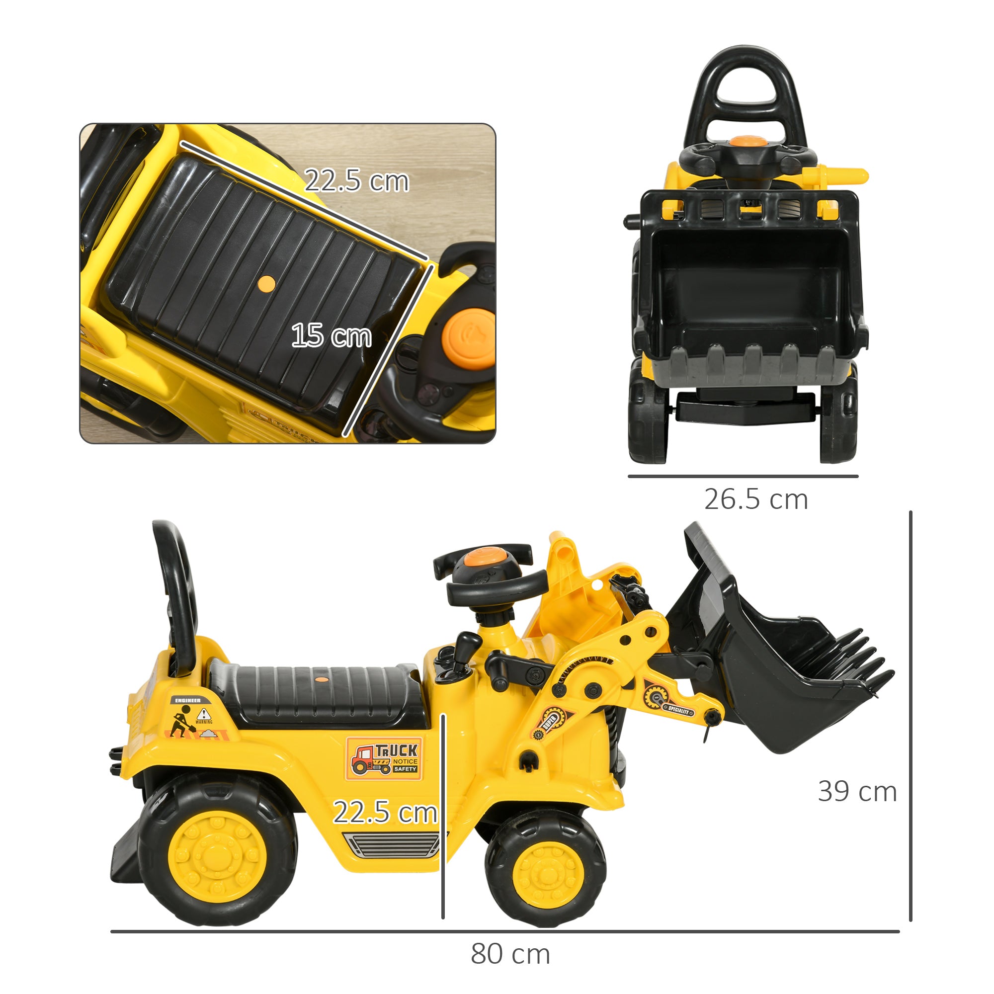 NO POWER 3 in 1 Ride On Toy Bulldozer Toddler Digger Excavator Scooter Storage Cart Toilet Pretend Play Construction Truck