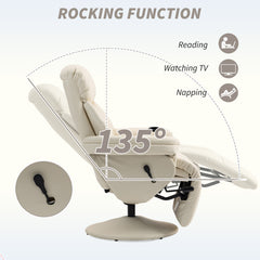 Fynco - Manual Recliner Chair with Footrest, Upholstered Reclining Armchair with Adjustable Backrest and Cup Holder, PU Leather Swivel Chair for Living Room, Bedroom, Cream White