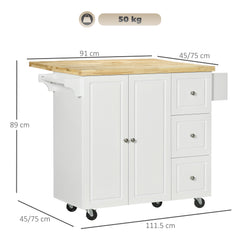 Drop-Leaf Kitchen Island on Wheels with Extendable Rubber Wood Worktop, Rolling Kitchen Storage Trolley, Utility Storage Cart with Drawers & Cabinet for Kitchen, Dining & Living Room, White