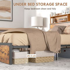 Industrial Double Bed Frame, 4.6FT Steel Bed Base with Storage Headboard, Footboard, Slatted Support and Under Bed Storage, 141 x 207cm, Rustic Brown