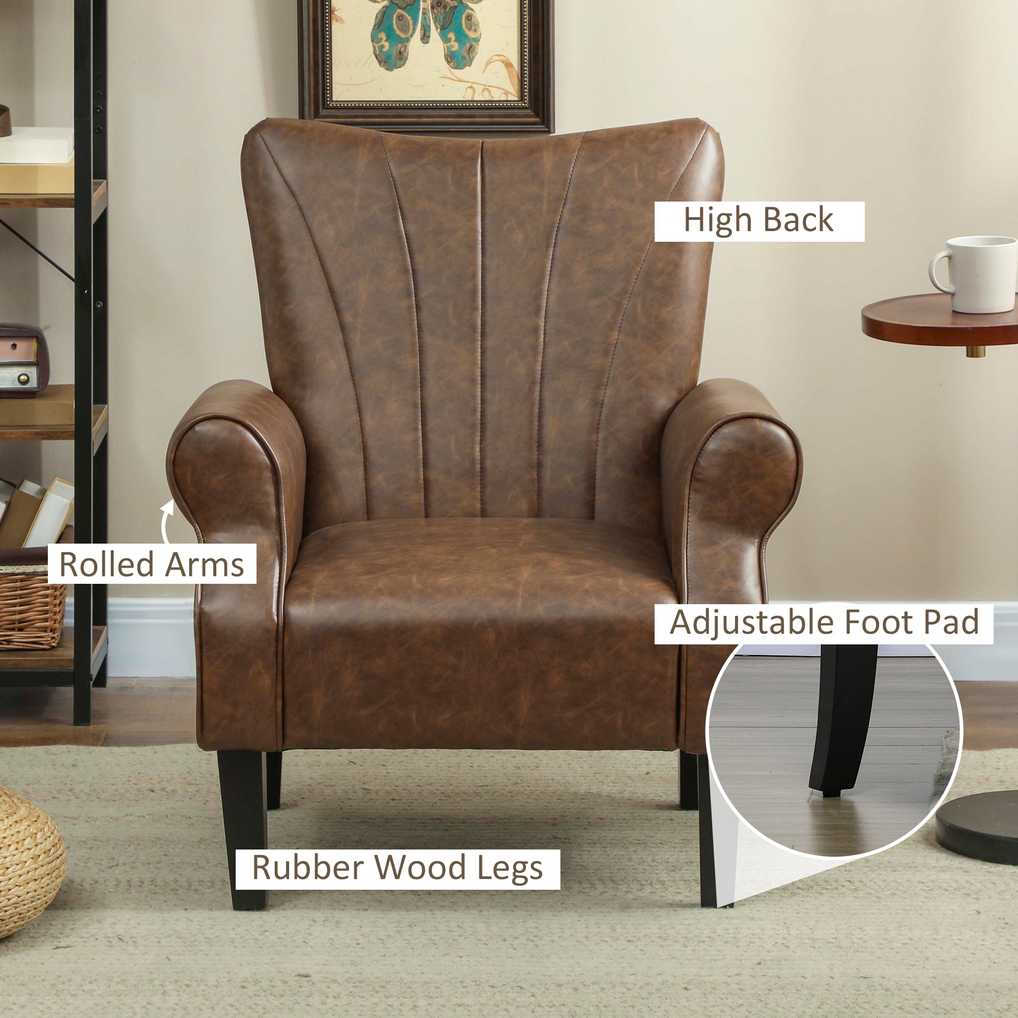 Upholstered Accent Chair with Rolled Arms and Wood Legs, Armchair for Living Room Bedroom, Brown
