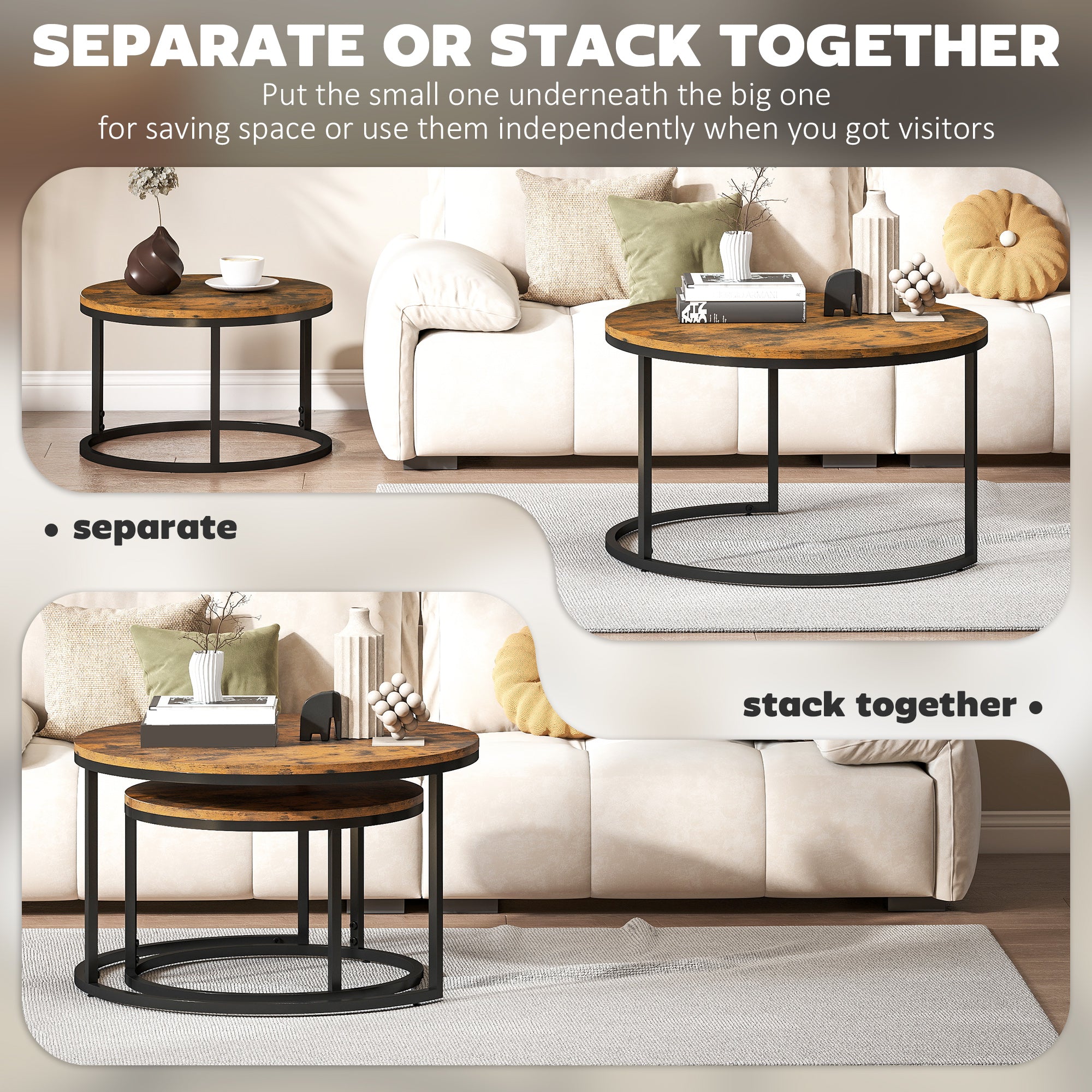 Fynco - Set of Two Wood-Effect Stacking Tables - Rustic Brown