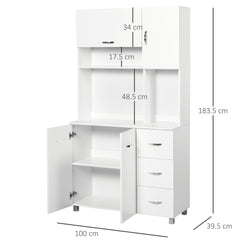 Kitchen Cupboard, 183cm Tall Storage Cabinet with Countertop, Sideboard with 3 Small Drawers, Flip Up Top Door, 3 Cabinet Doors and Open Shelves, 100W x 39.5D x 183.5H cm, White