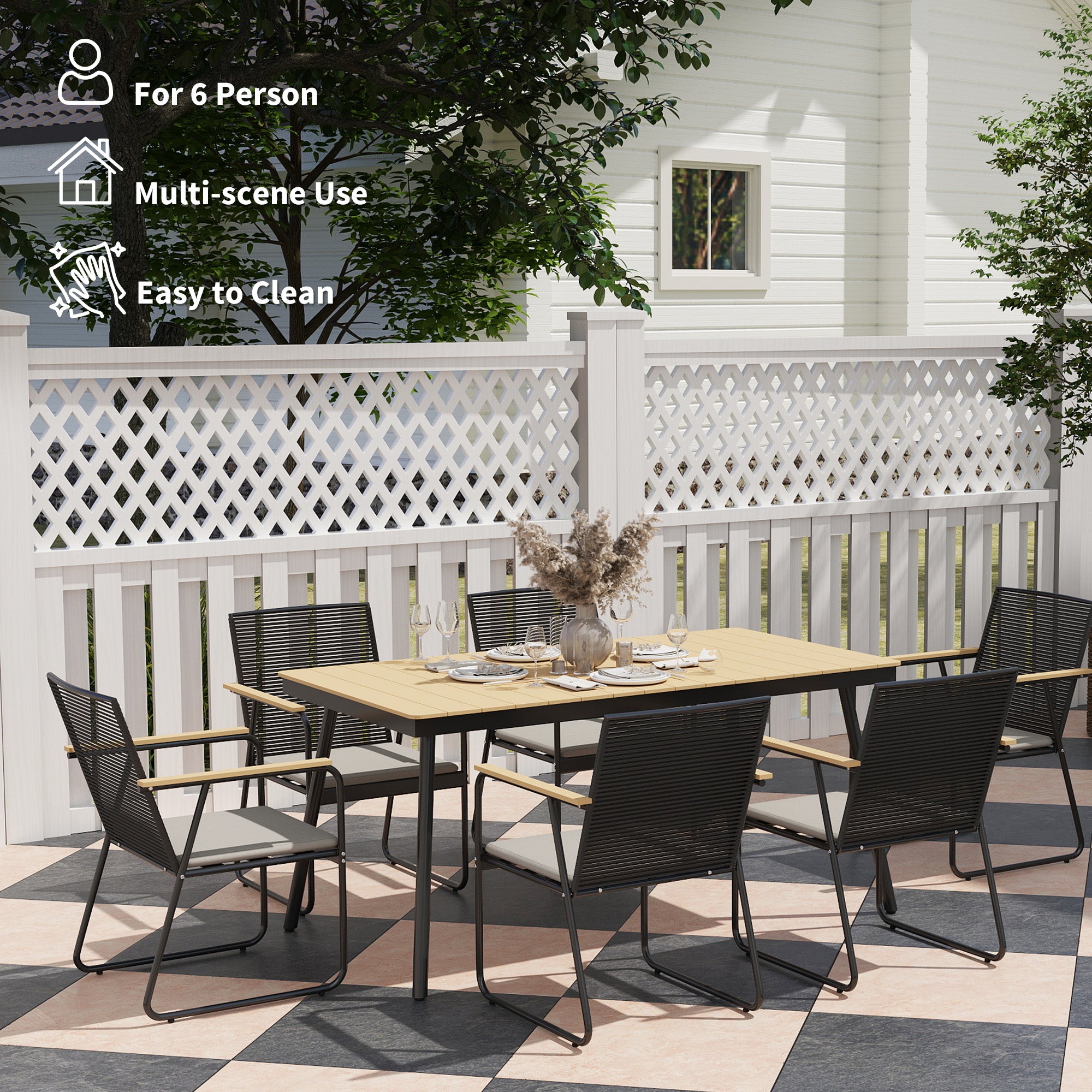 6 Seater Garden Dining Set with Soft Cushions, Rattan Backrest, Rectangular Plastic Top, Garden Furniture Set, Outdoor Dining Table and Chairs for Patio, Balcony, Poolside, Nature Wood Finish
