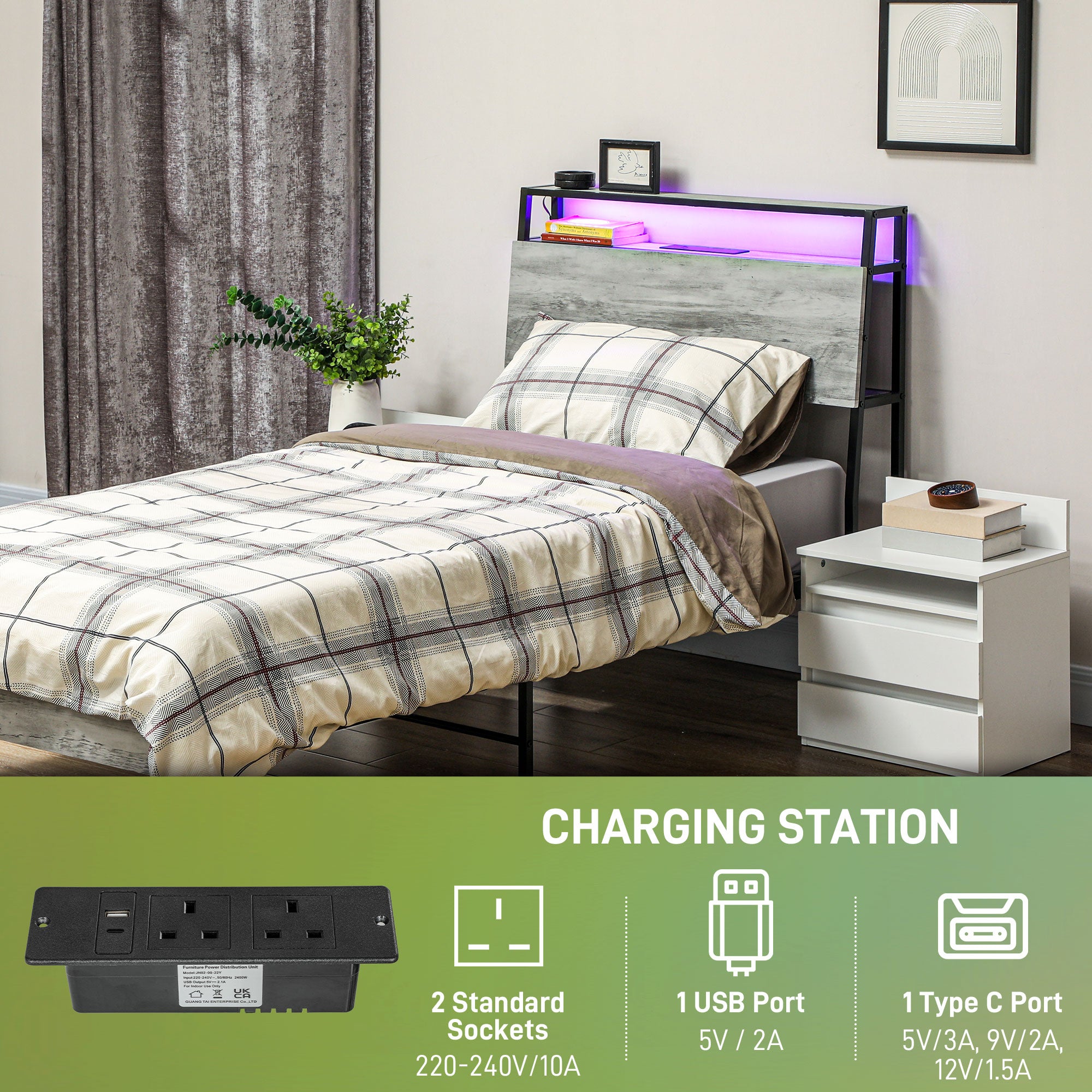 Single Steel Bed Frame, with LED Lights and Headboard Shelf - Grey