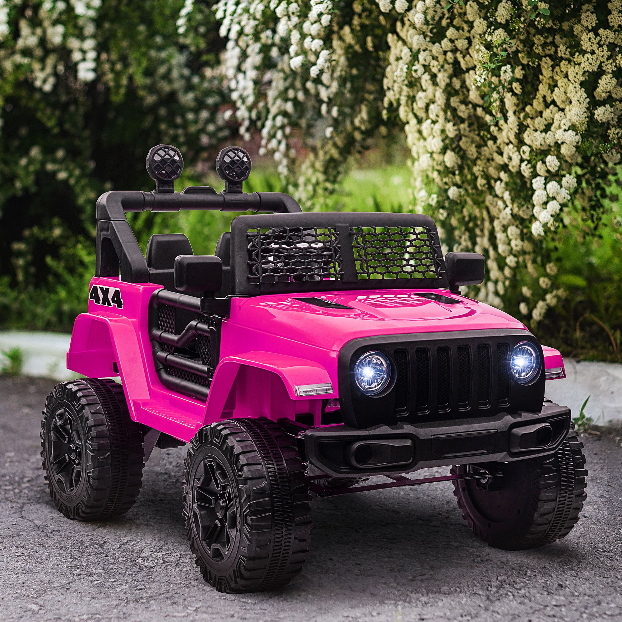 Kids Electric Ride On Car 12V Off Road Toy with Parental Remote Control 2 Motors Horn Lights Suspension Wheels for 3-6 Years Old Pink
