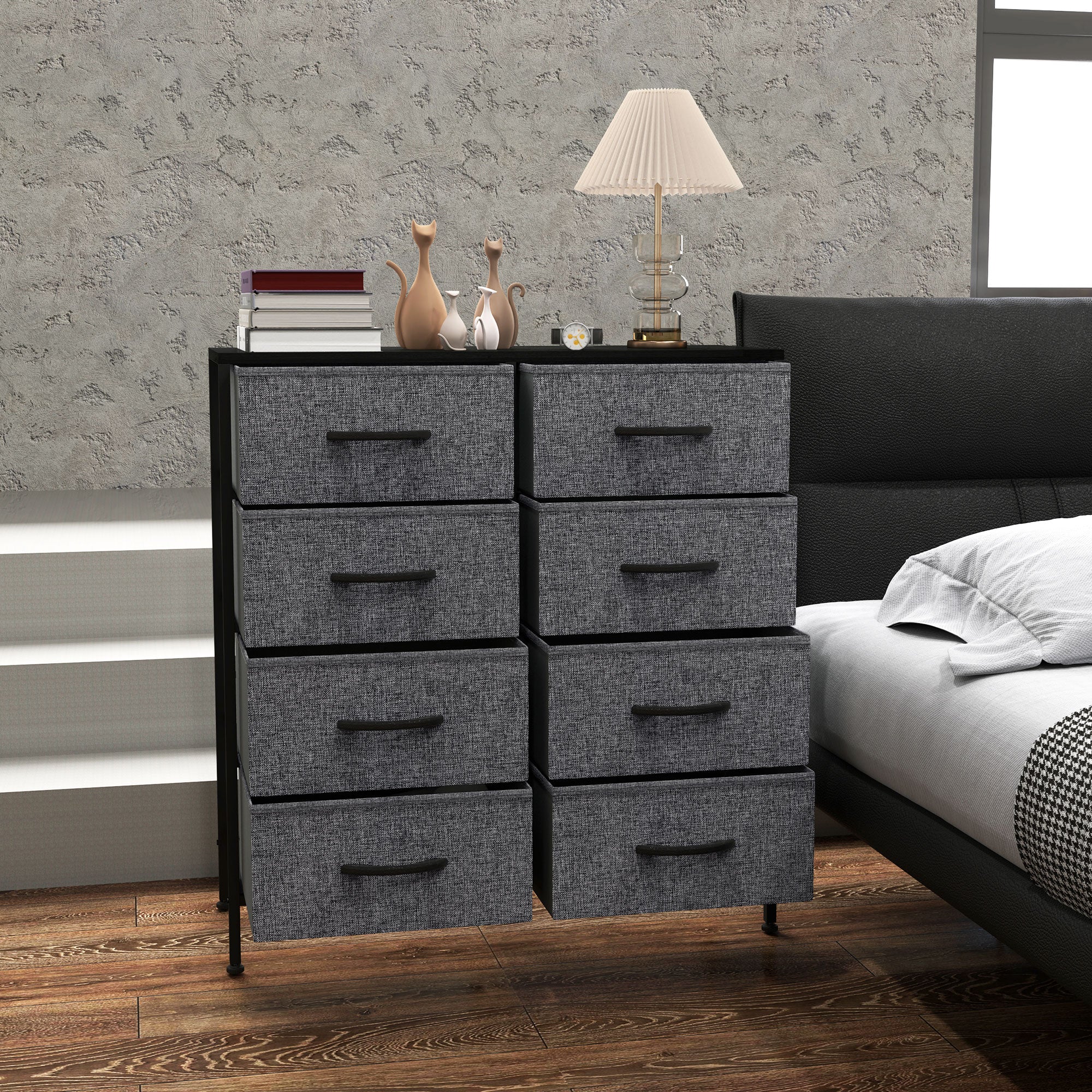 Fabric Chest of Drawers, Industrial Bedroom Dresser with 8 Fabric Drawers, Steel Frame and Wooden Top for Nursery, Living Room, Hallway, Black