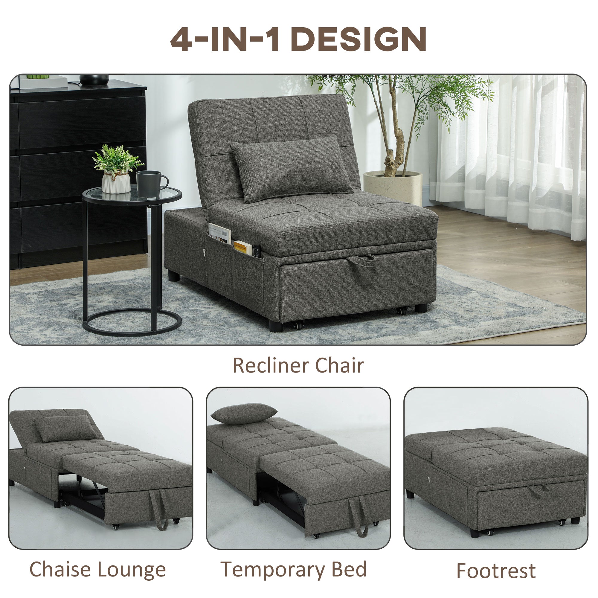 Four-In-One Single Sleeper Chair - Dark Grey