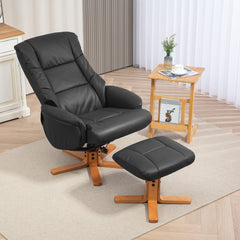 Fynco - Rocking Recliner Chair with Footstool, PU Leather Recliner Armchair with Wood Base, Upholstered Reclining Chair for Living Room Bedroom, Black