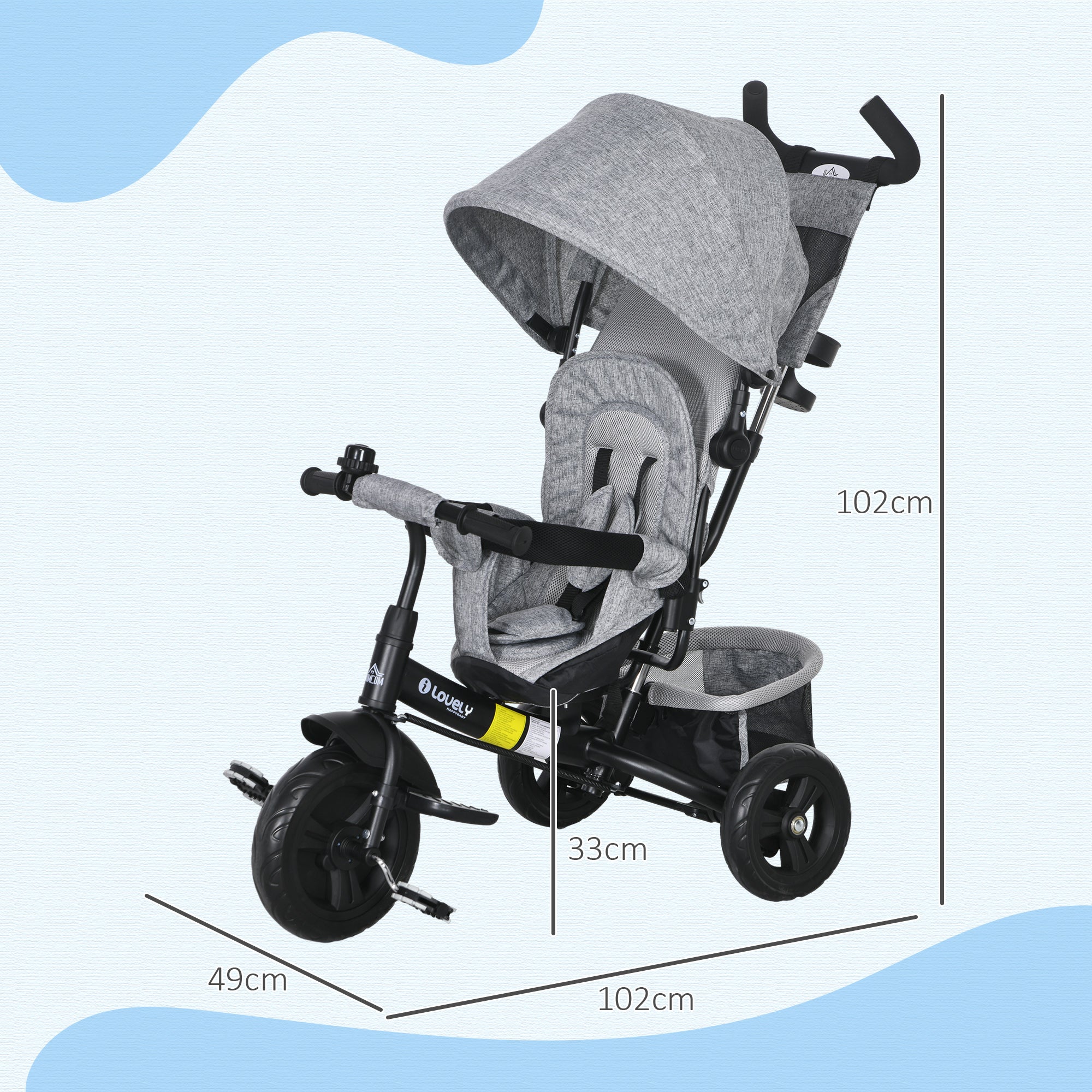 6 in 1 Kids Trike with Parent Handle, Canopy, 5-point Safety Belt, Storage, Footrest, Brake, for 1-5 Years, Grey