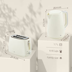 Kettle and Toaster Set, 1.7L 3000W Fast Boil Kettle & 2 Slice Toaster Kitchen Set with 7 Level Browning Controls, Defrost, Reheat, Boil-dry Protection, Cream White