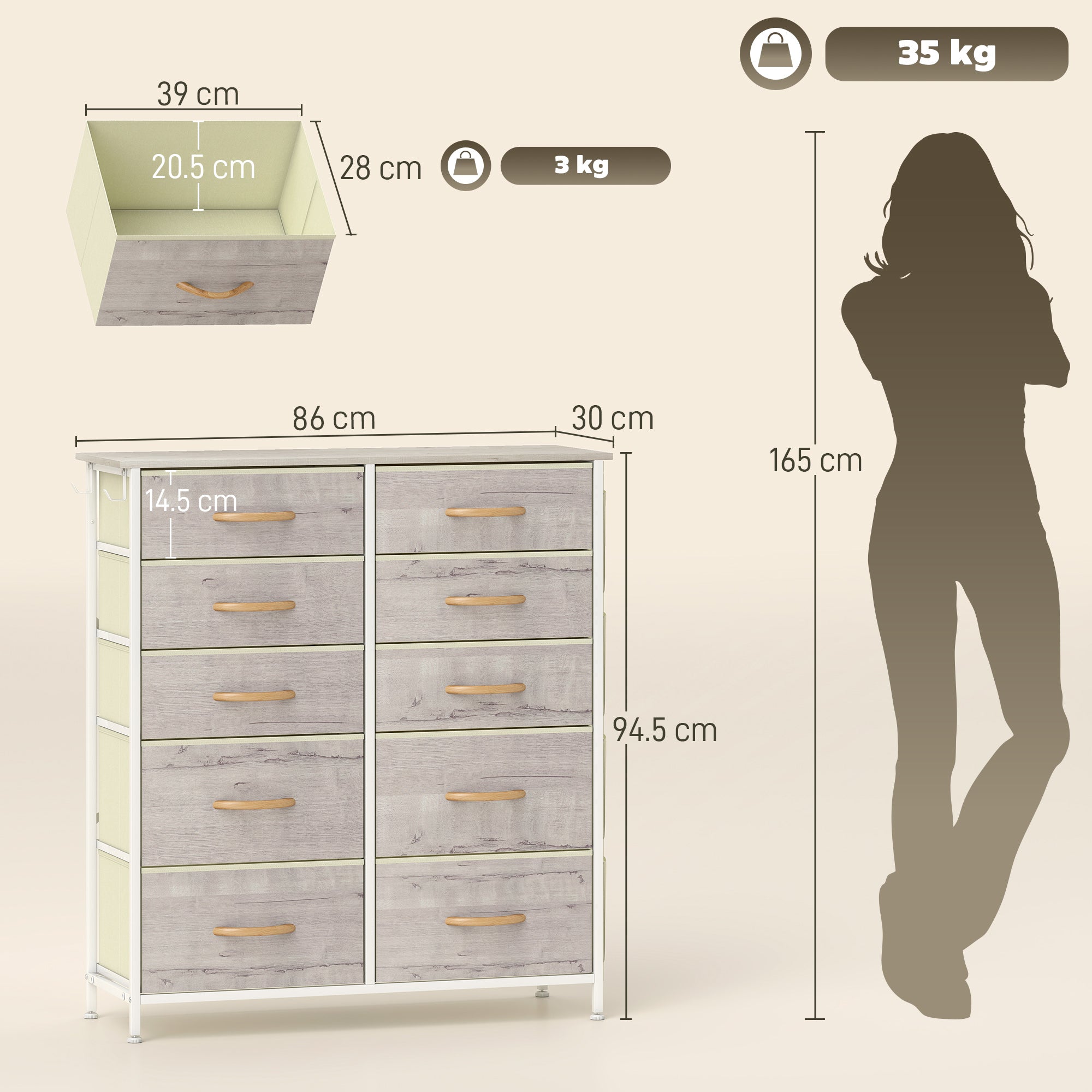 Chest of Ten Fabric Drawers - Natural Wood Finish