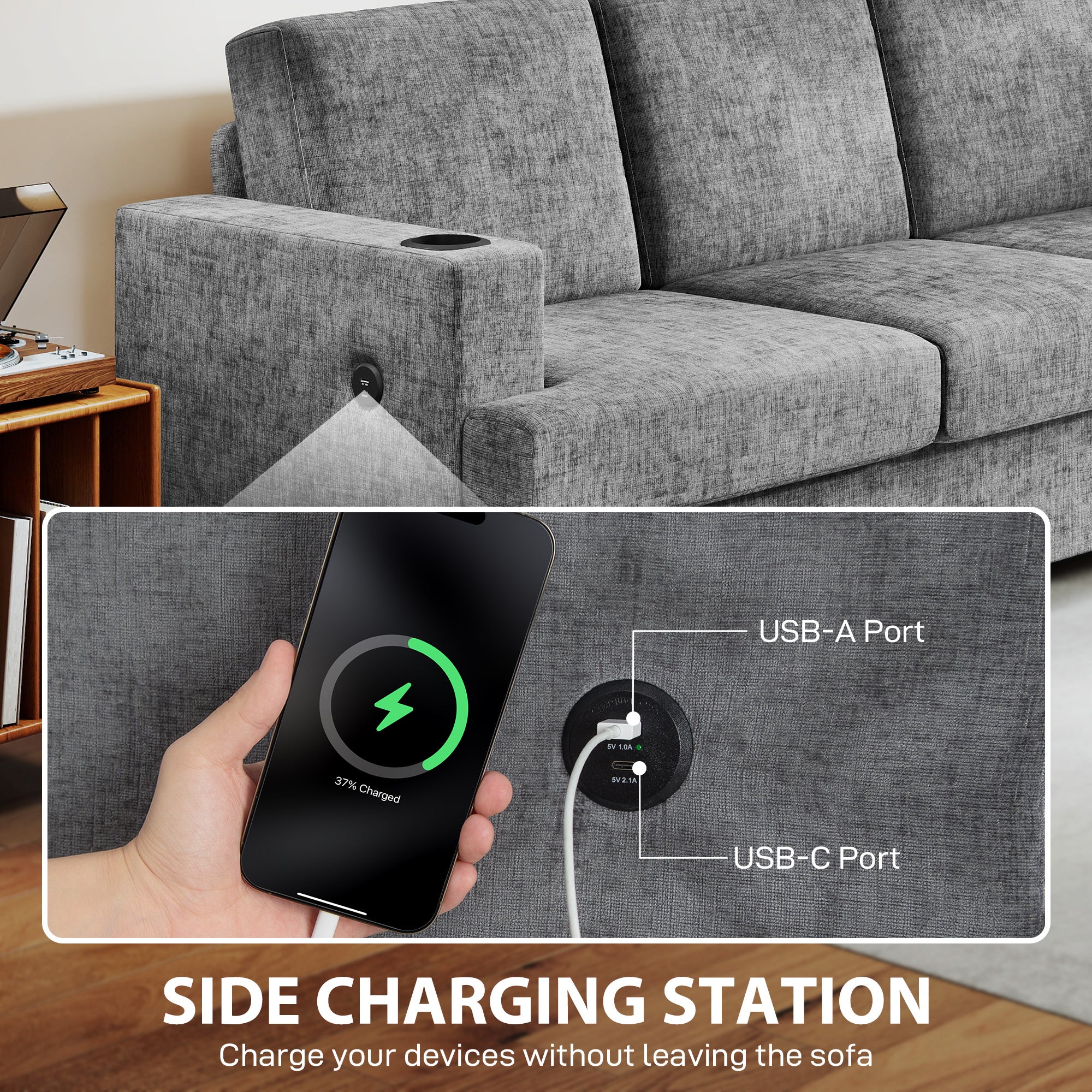 Fynco - 3 Seater Sofa with USB Ports & Cup Holders - Grey