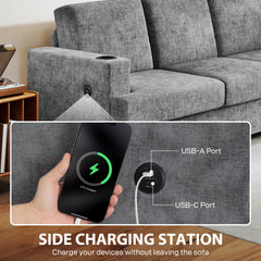 Fynco - 3 Seater Sofa with USB Ports & Cup Holders - Grey