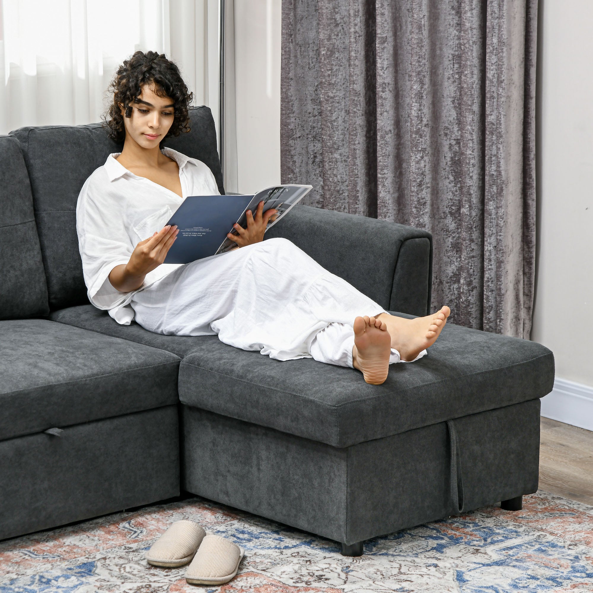 3 Seater Sofa Bed, L Shaped Pull Out Sofa Bed with Storage, Convertible Click Clack Settee Sectional Sleeper Futon for Living Room, Office, Dark Grey