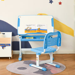 Kids Desk and Chair Set, Height Adjustable Student Writing Desk, Children School Study Table with Tiltable Desktop, Drawer, Pen Slot, Hook - Blue
