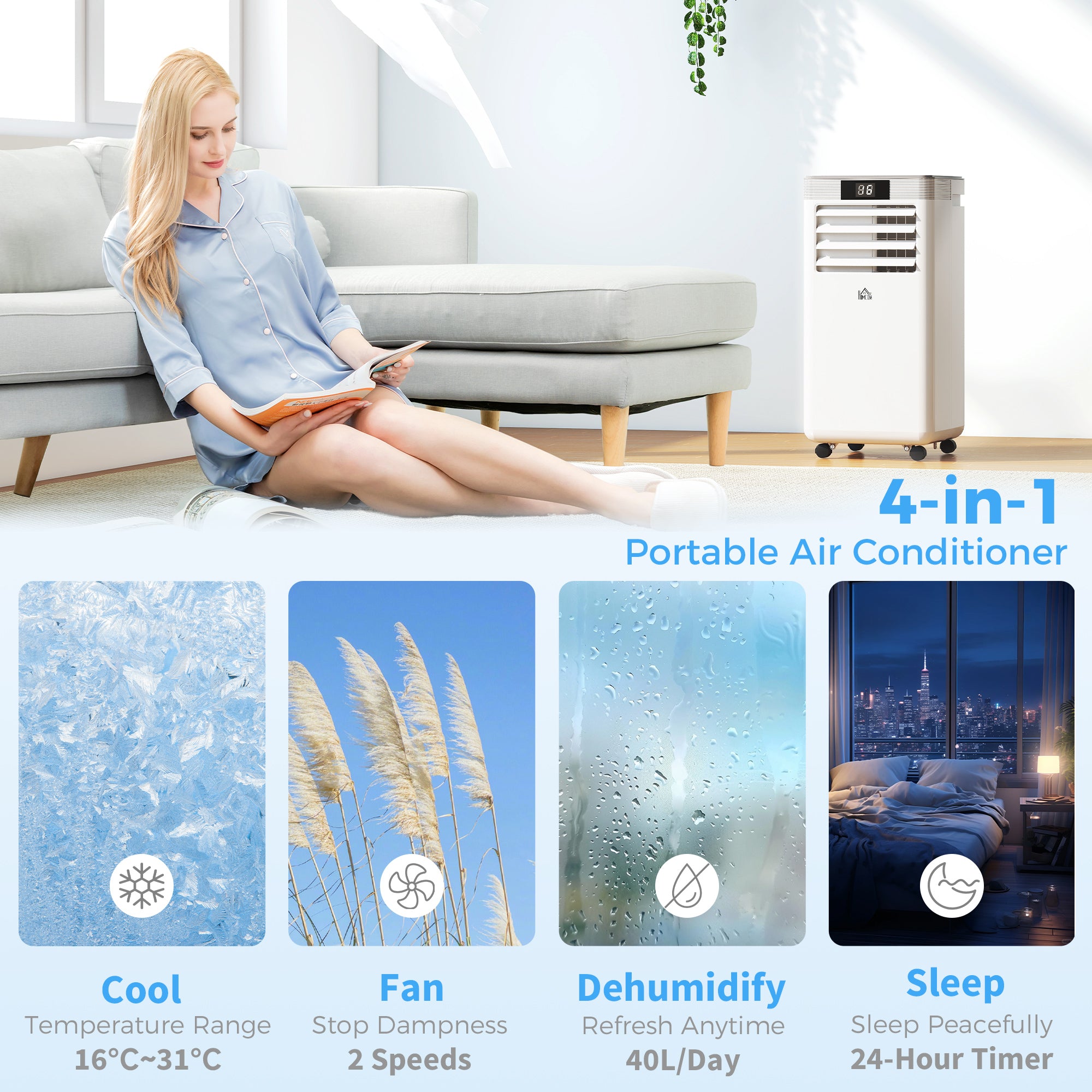 10000 BTU Air Conditioning Unit, 4-in-1 Portable Air Conditioner, Dehumidifier, Cooling, Fan, Sleep Mode, with Remote Control, LED Display, 2 Speeds, 24H Timer, Window Venting Kit, 22m²