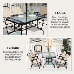 8 Pieces Garden Dining Set with Umbrella, Patio Sets with Parasol with 6 Foldable Chairs, Glass Top Table, and Sun Parasol, Beige