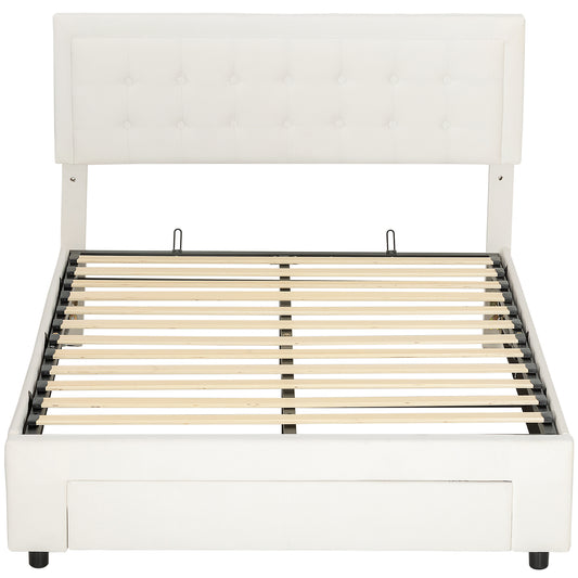 Fynco - Double Ottoman Bed Frame, with Front Drawer - Cream