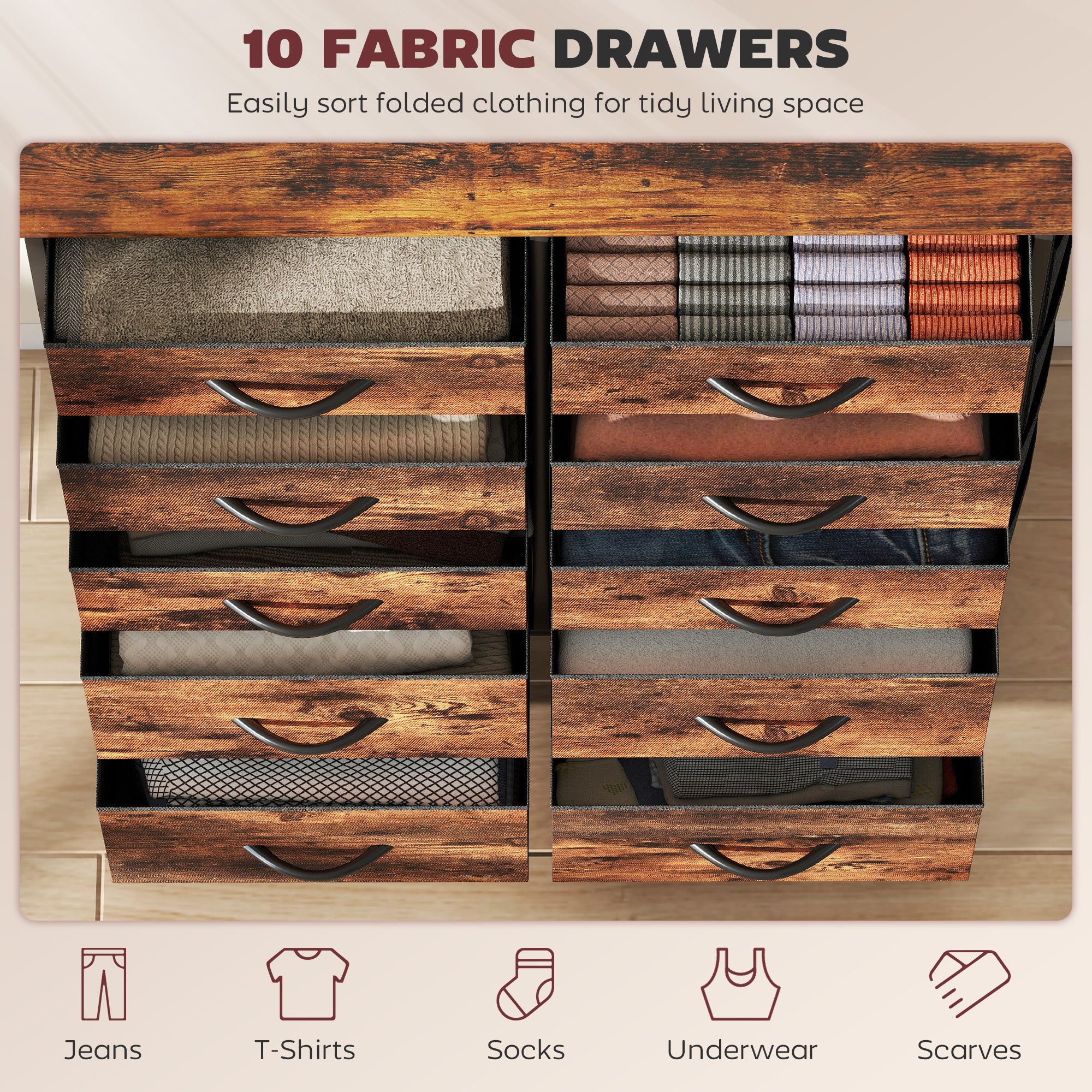 Chest of Ten Fabric Drawers - Rustic Brown