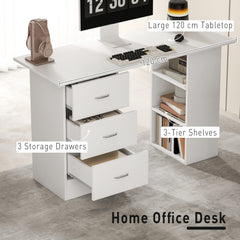 Fynco - Computer Desk, Writing Table, PC Workstation with 3 Storage Shelves and Drawers, Silver Handle, for Home Office, White