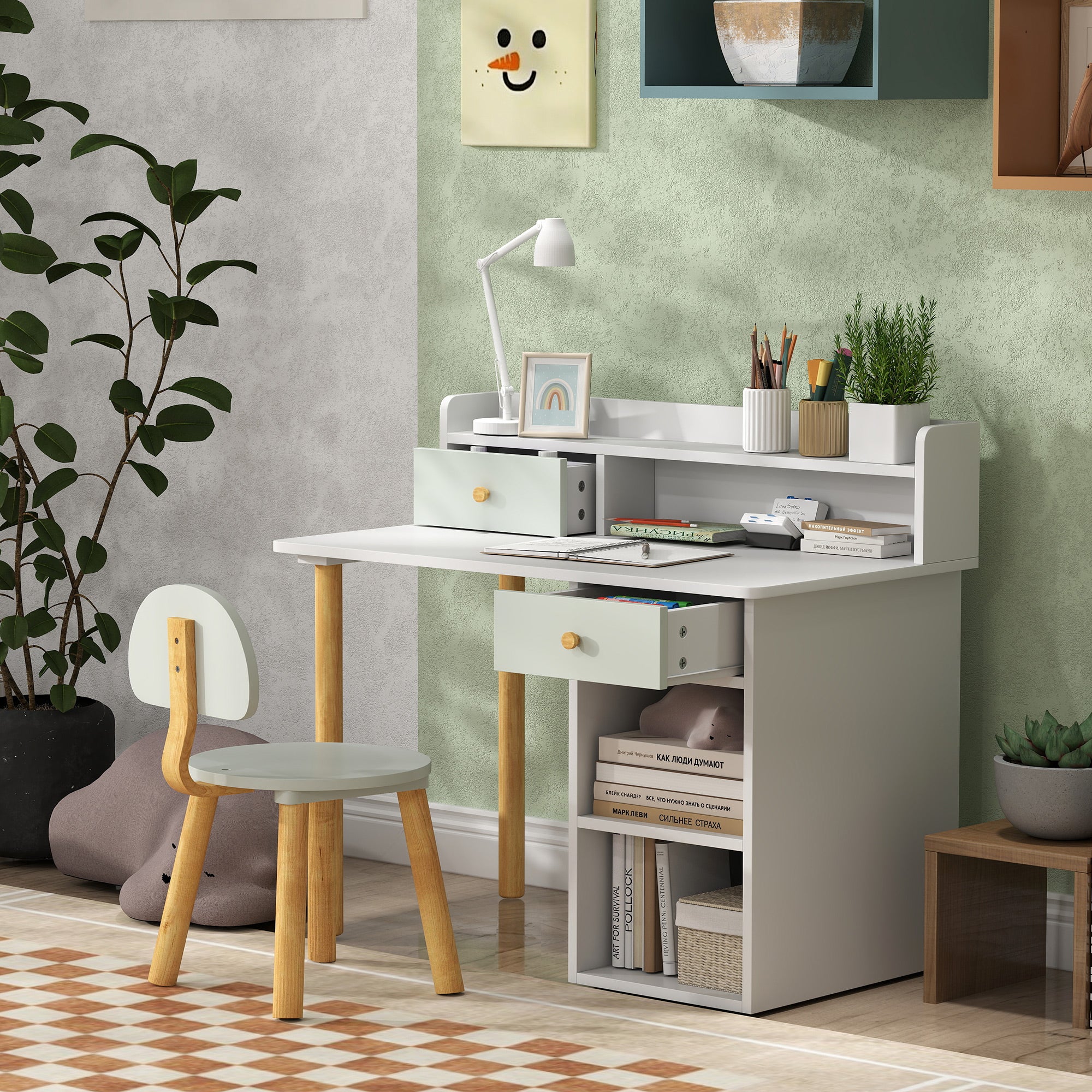 AIYAPLAY Two-Piece Children Study Table with Hutch, Kids Desk and Chair Set with Storage, Drawer, Shelves, Green