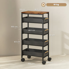 5-Tier Storage Trolley on Wheels - Black