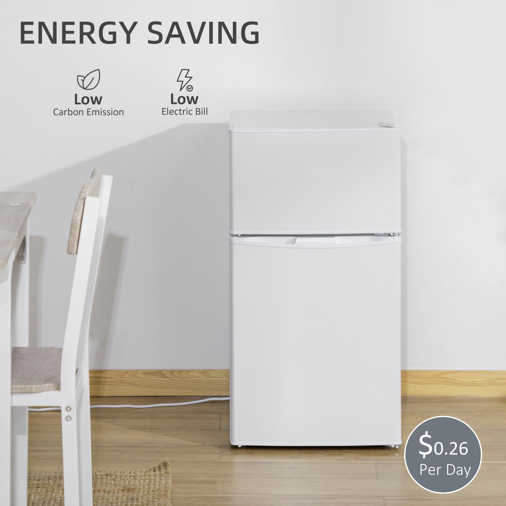 Fynco - 88L Under Counter Fridge Freezer, Small Refrigerator with 5-Setting, 3 Star Freezer Rating, White