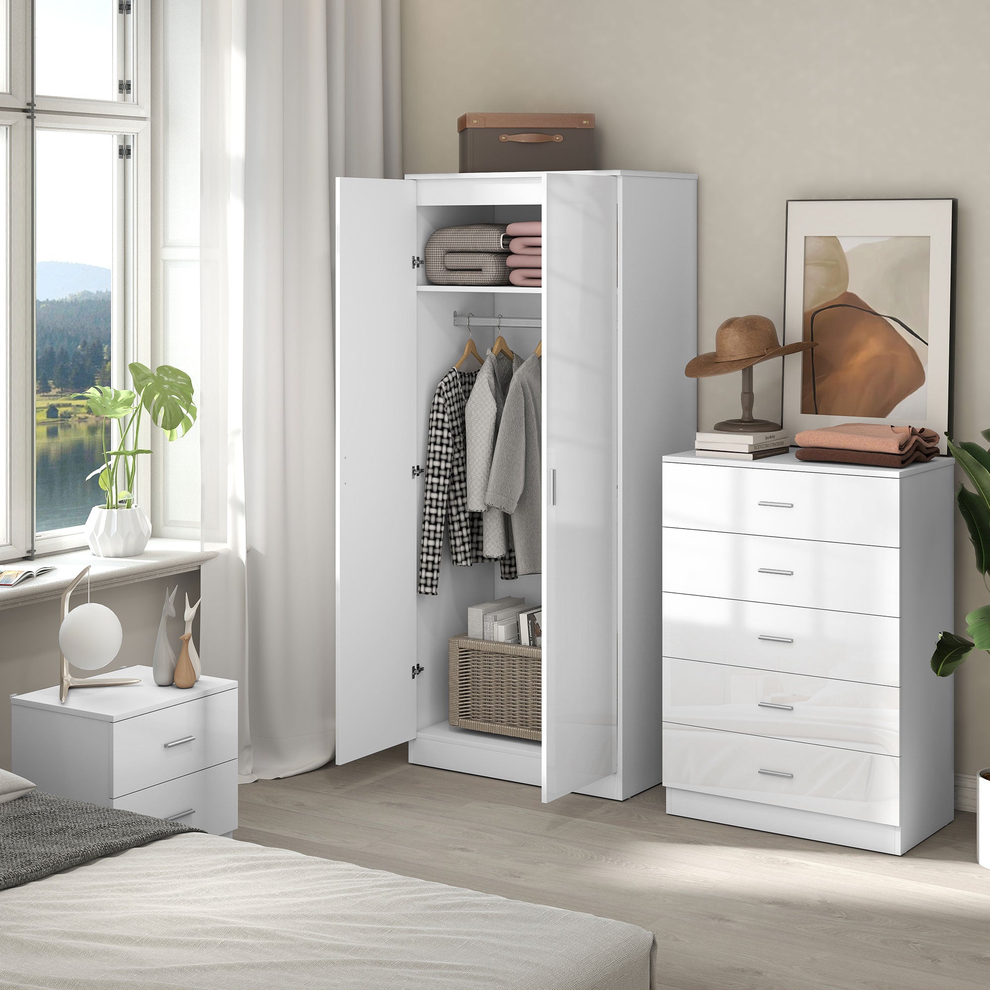 High Gloss 3 Piece Trio Bedroom Furniture Set Wardrobe + Chest Of Drawer + Bedside White